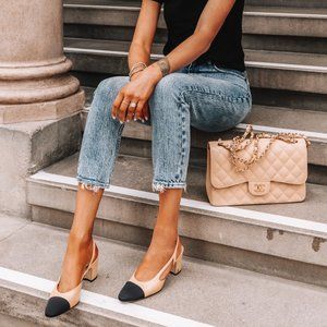 Chanel Goatskin Grosgrain Cap Toe CC Slingback Pumps 38 Beige Black